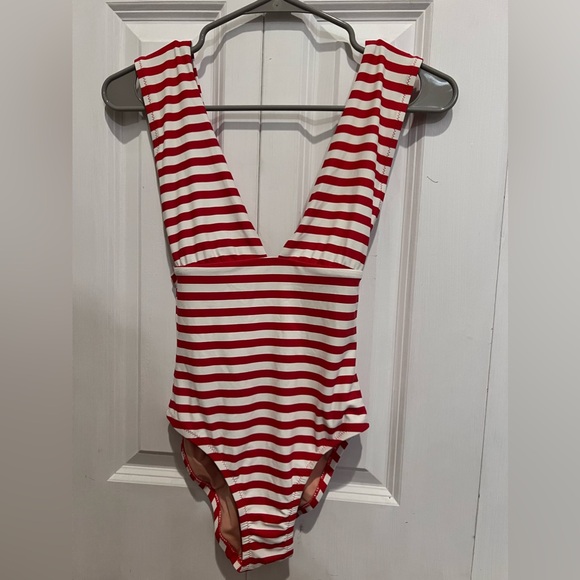 J. Crew Swim Plunge V Neck One Piece Swimsuit in Red and Ivory Stripe Sz 0 NWOT - Picture 1 of 6